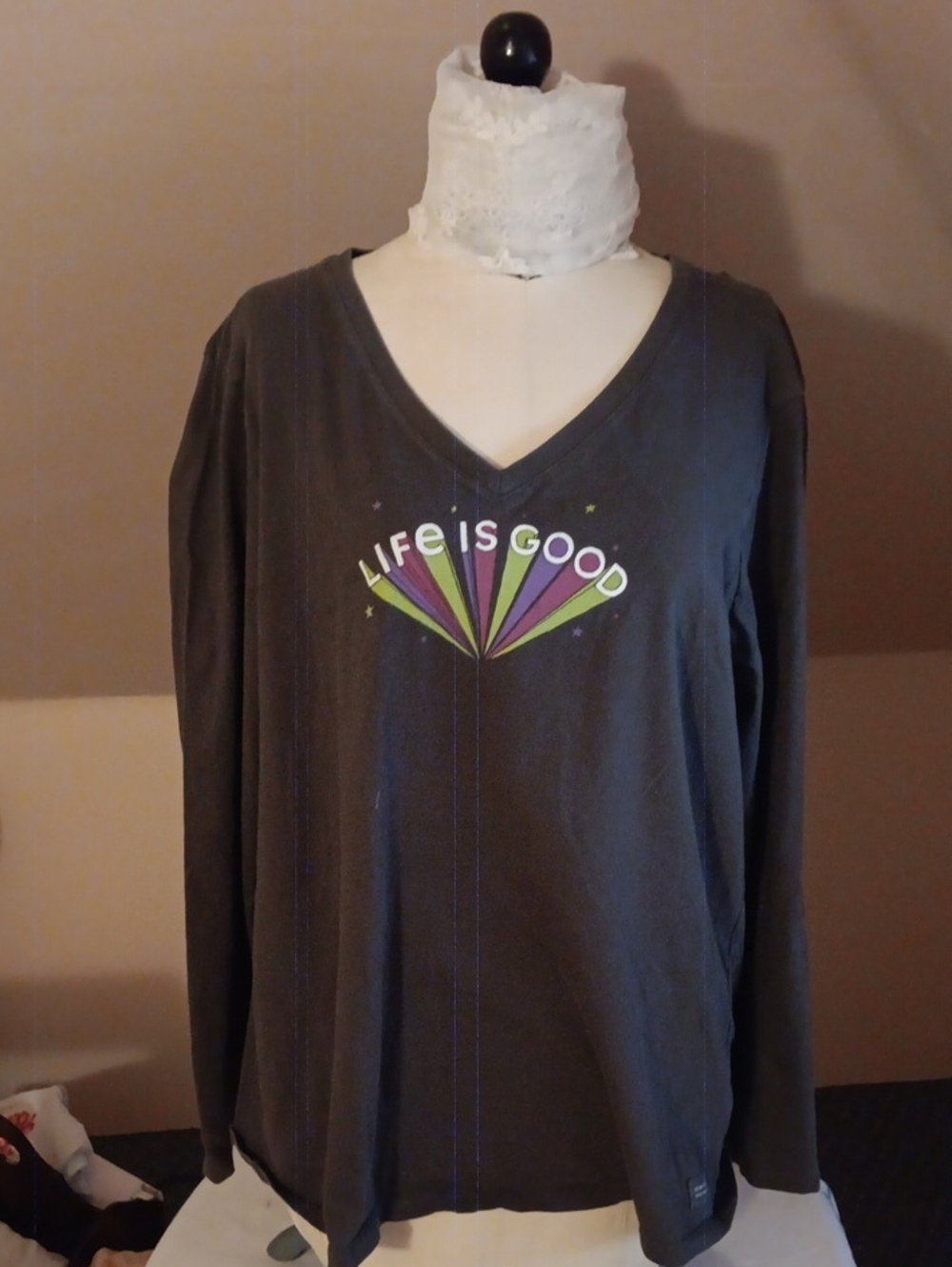 Life Is Good Charcoal V-Neck Long Sleeve Tee with Colorful Fan Logo